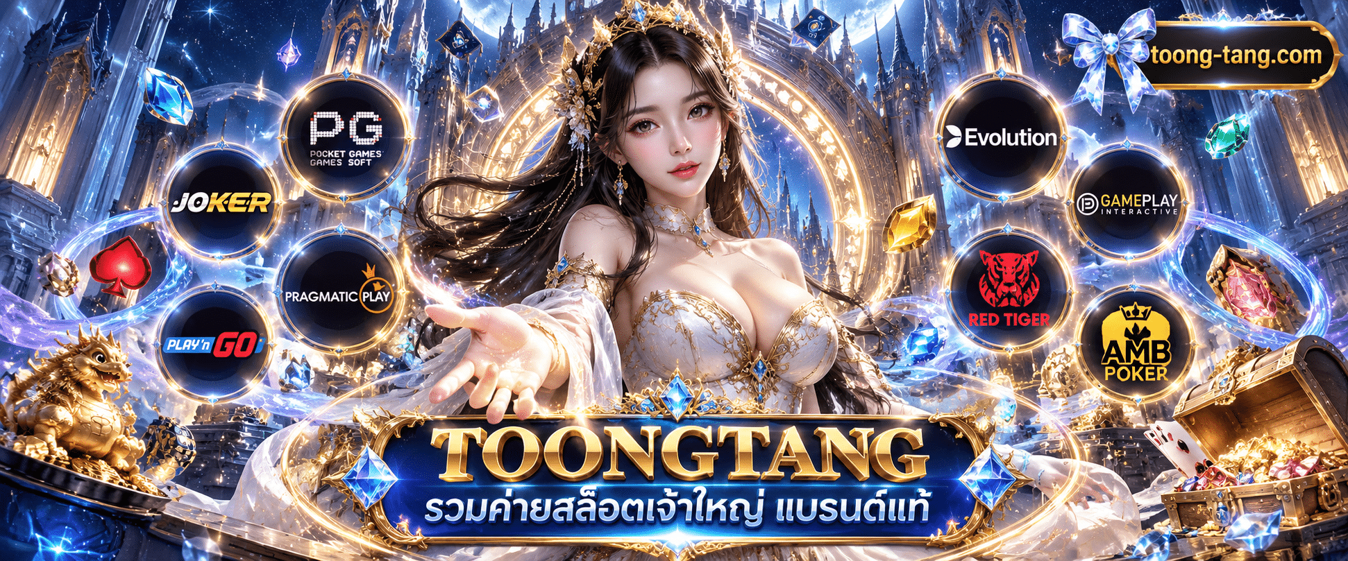 ภาพกราฟิกโลโก้ค่ายเกมสล็อตสากลชั้นนำหลากหลายค่ายจัดวางรอบตราแบรนด์ TOONGTANG รวมค่ายสล็อตเจ้าใหญ่ อลังการ