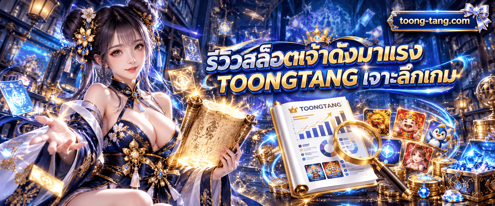 หน้ากระดาษรายงานบทความวิเคราะห์ค่าสถิติที่มีตราสินค้า TOONGTANG รีวิวสล็อตเจ้าดังมาแรง วางคู่กับแว่นขยายสีทอง
